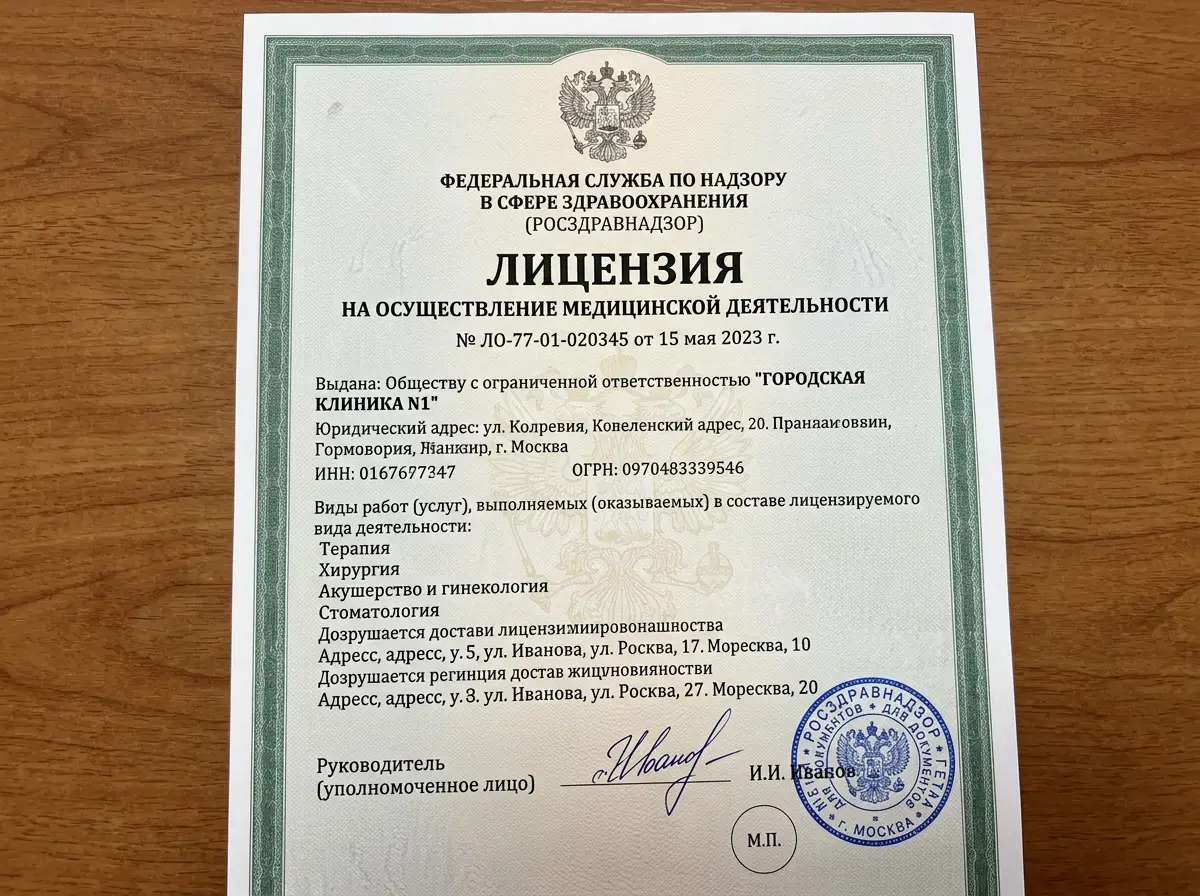 Официальный бланк медицинской лицензии Росздравнадзора — документ с гербом, подписями и синей печатью