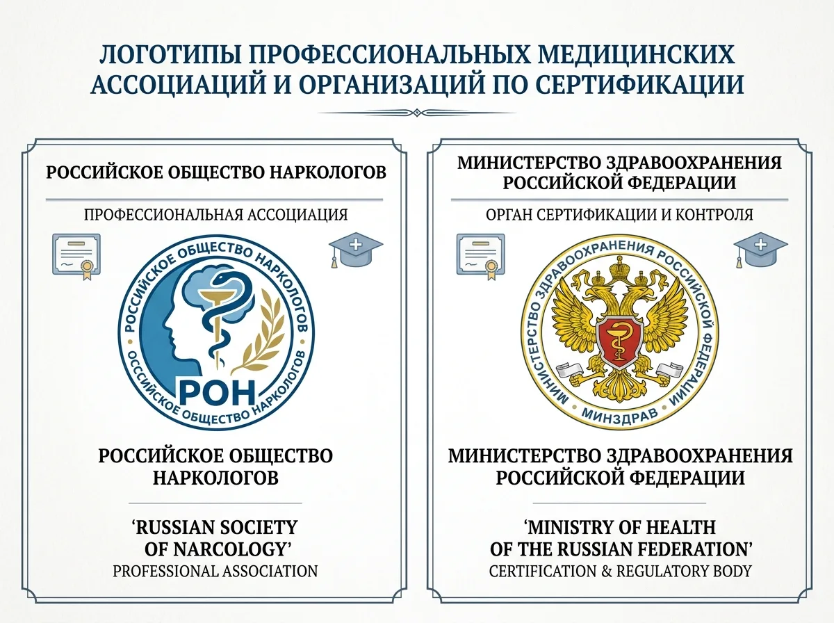 Логотипы профессиональных медицинских ассоциаций и сертификационных организаций на белом фоне — Российское общество наркологии, Минздрав